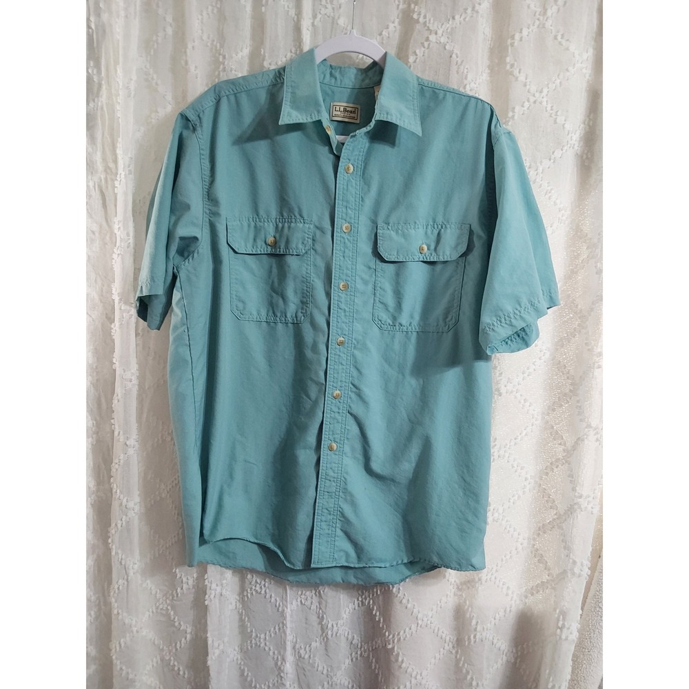 LL Bean Mens Medium Teal Blue Short Sleeve Nylon Blend Button Down Shirt OVU10